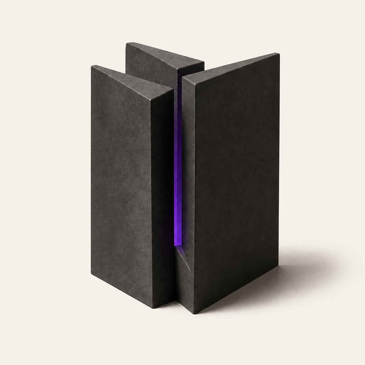 Three interlocking charcoal planes surrounding a violet core